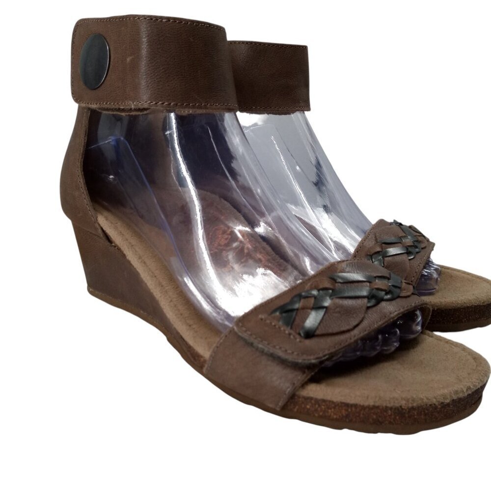 Aetrex Becca Woven Leather Wedge Comfort Sandals Size 38 US 7.5-8 Beige Ankle